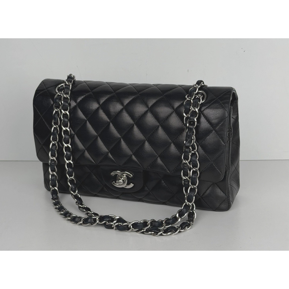 Chanel Classic Double Flap Bag Medium Black Leather Silver Hardware 2008-2009 U3